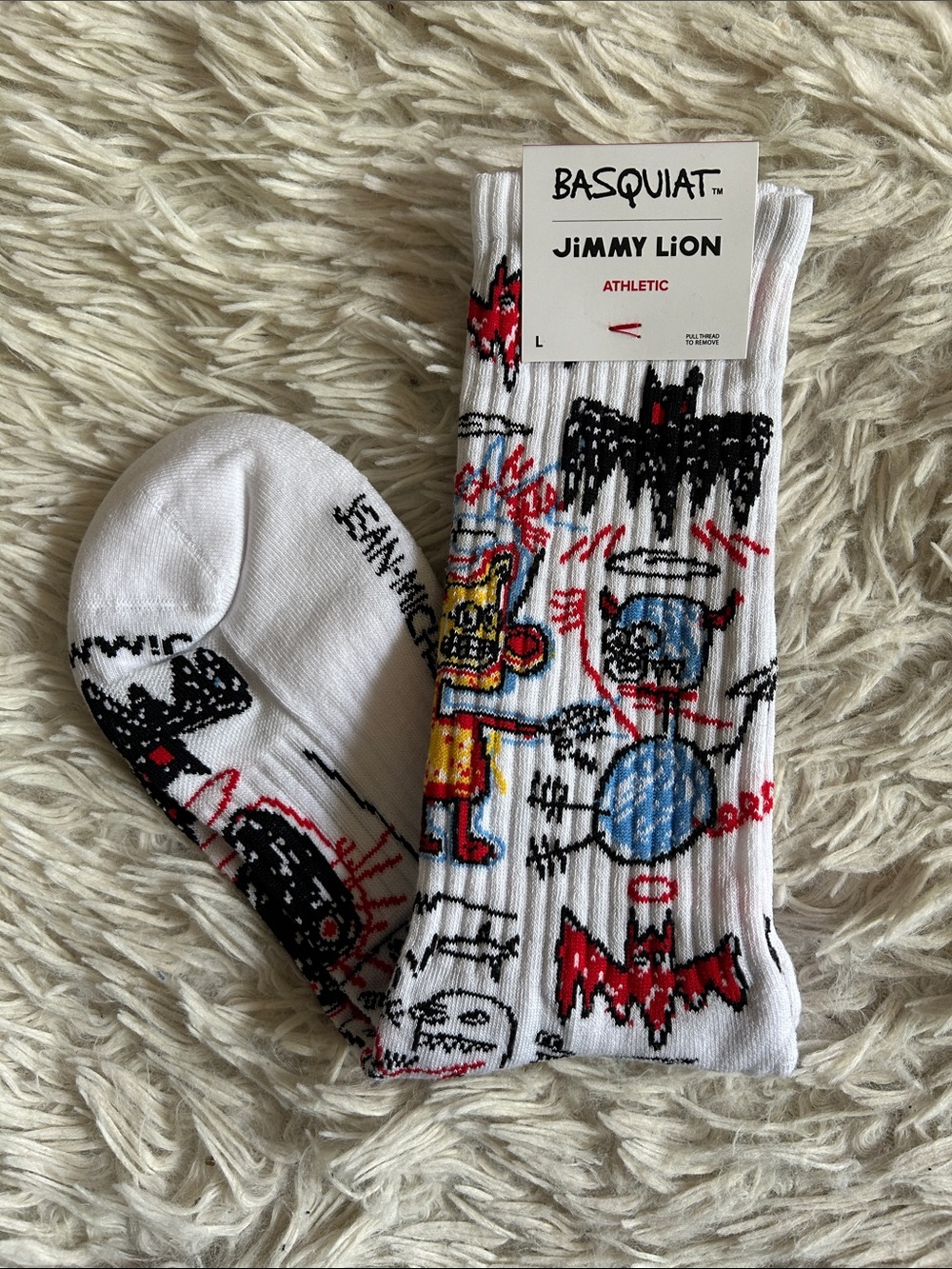 Basquiat Jimmy Lion Athletic Crew Socks - White with Red & Blue Graphic, large